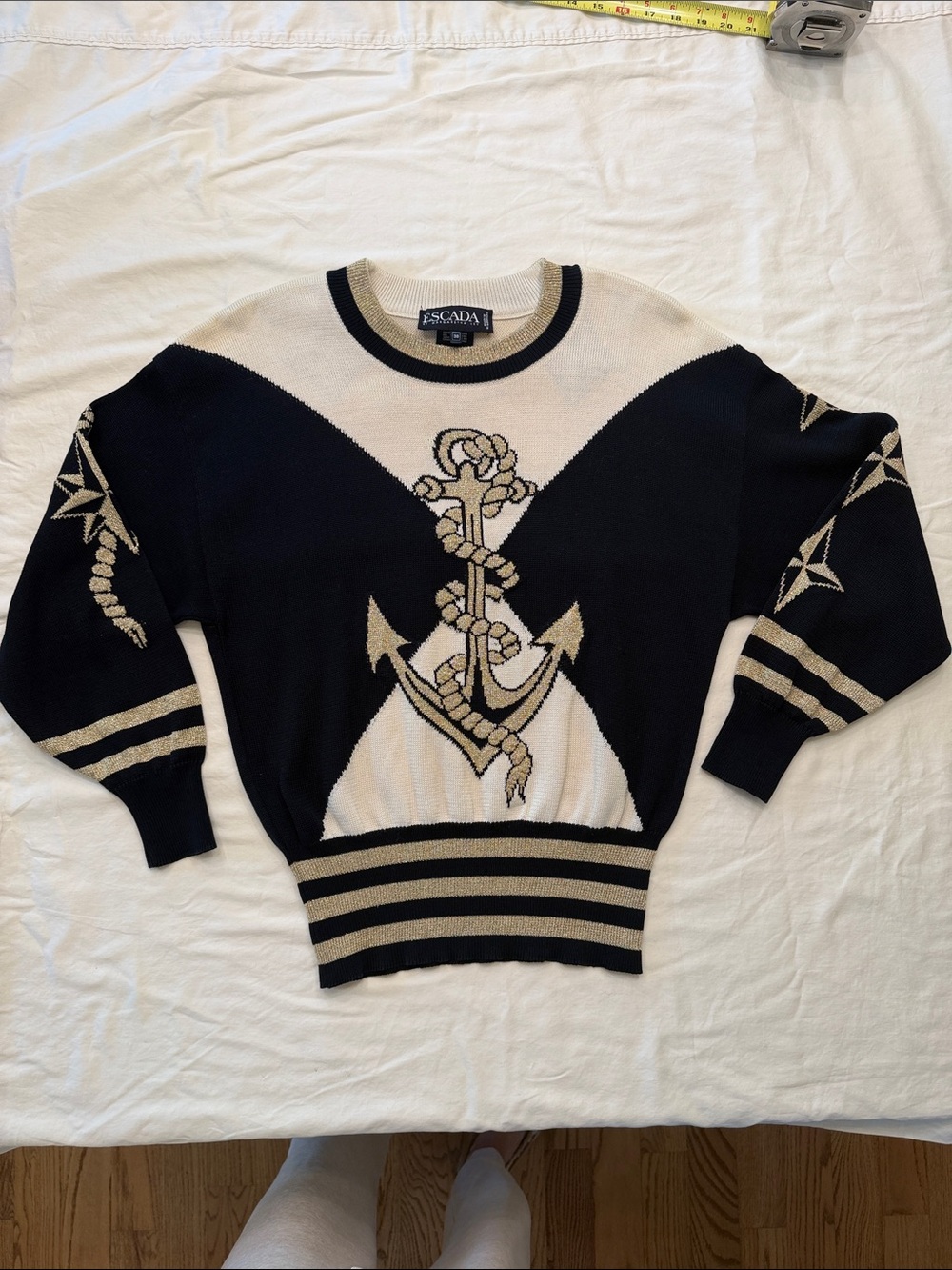 Escada Navy and Cream Anchor Motif Crewneck Sweater - Women